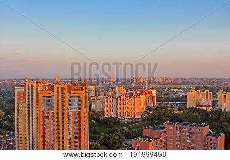 Dormitory area of Kyiv city on the beautiful sunset, Ukraine