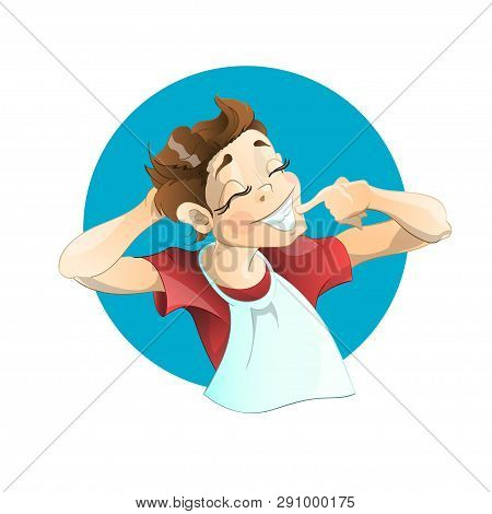 Cute Confused Boy Laughs At The Situation. Vector Illustration.
