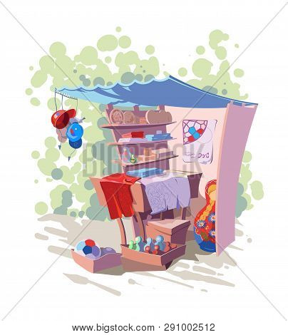 Souvenir Shop In Russia With Soccer Balls. Illustration