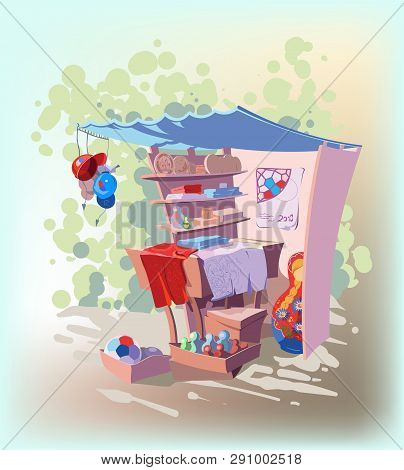 Souvenir Shop In Russia With Soccer Balls. Illustration