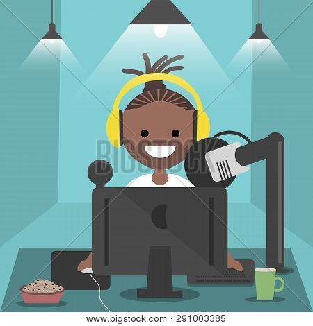 Young Character Sitting At Computer Desk.streaming.cloud Gaming Service.flat Cartoon Design.clip Art