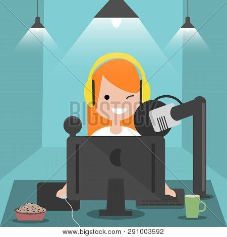 Young Character Sitting At Computer Desk.streaming.cloud Gaming Service.flat Cartoon Design.clip Art