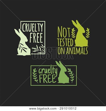 Set Animal Logo Cruelty Free. Sign With Silhouette Rabbit And Flower And Nature Leaf. Design Stapm F