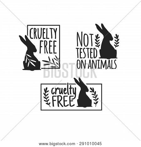 Set Animal Logo Cruelty Free. Sign With Silhouette Rabbit And Flower And Nature Leaf. Design Stapm F
