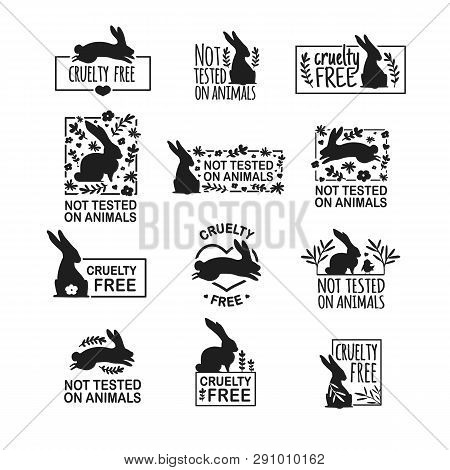 Set Animal Logo Cruelty Free. Sign With Silhouette Rabbit And Flower And Nature Leaf. Design Stapm F