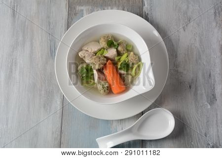 Chicken Soup With Matzah Balls (kneidlach) Carrots In The Bowl. Jewish Traditional Passover Pesach H