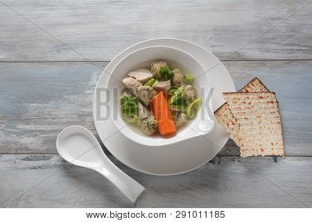 Chicken Soup With Matzah Balls (kneidlach) Carrots In The Bowl. Jewish Traditional Passover Pesach H