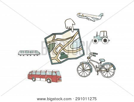 Transport 8 Icons. Trasportation Vintage Flat Color Concept. Airplane, Car, Bike. Hand Drawn Illustr