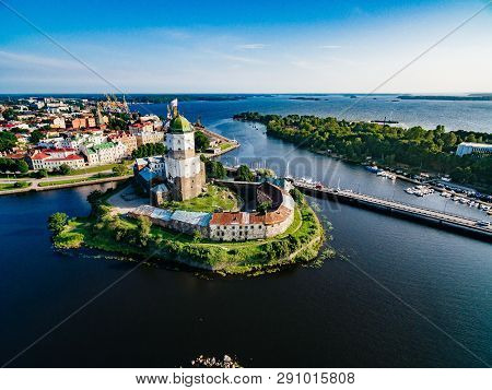 Aerial View Of Vyborg City Panorama, Russia. Beautiful Summer Landscape.