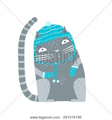 Cute Pet Kitten Sitting In Woollen Winter Clothes.