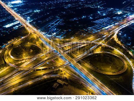 Bangkok Expressway Top View, Top View Over The Highway,expressway And Motorway At Night, Aerial View