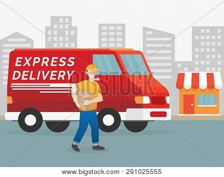 Delivery Concept, Service Fast Delivery. Courier With Parcel On The Background Of A Van. Illustratio