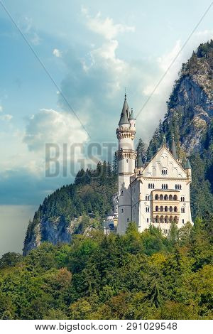 Beautiful View Of World-famous Neuschwanstein Castle, The 19th Century Romanesque Revival Palace Bui
