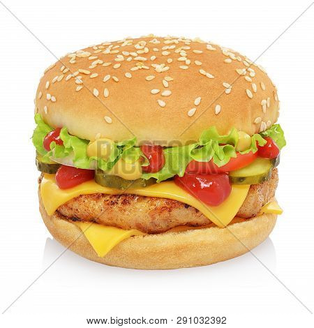 Hamburger With Chicken Patty, Cheese, Pickles, Tomato, Onion And Lettuce Isolated On White Backgroun