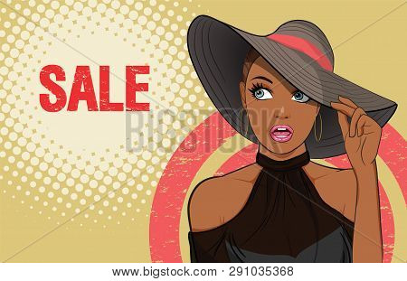 Surprised Black Woman  Presents Some Product With Dot Background Pop Art Comics Style.
