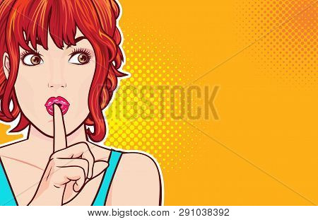Woman With Finger On Lips, Silence Gesture, Pop Art Style Woman Banner, Shut Up.woman With Message S
