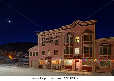 Dawson City, Yukon, Canada, March 10, 2019 : Night On The Old Town. Dawson City Is Linked To The Klo