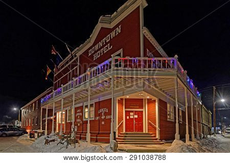 Dawson City, Yukon, Canada, March 11, 2019 : Night On The Old Town. Dawson City Is Linked To The Klo