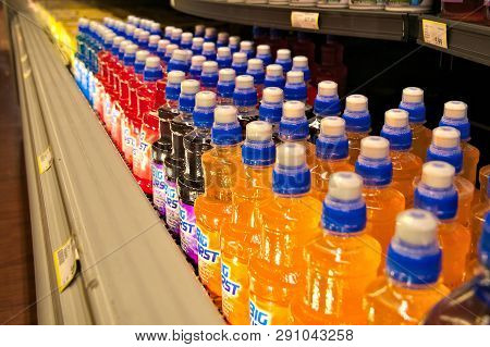 Bemidji, Mn - 8 Feb 2019: Rows Of Colorful Bottles Of Beverages Stacked On Shelves In A Local Superm