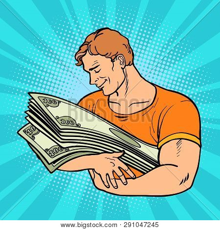 Man Loves Money, Care And Preservation Of Finance. Comic Cartoon Pop Art Vector Retro Vintage Drawin