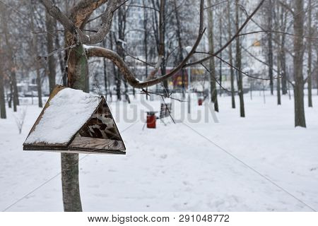 Bird Feeder In The Snow In The Winter Park