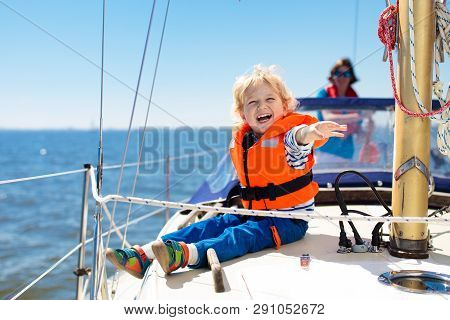 Kids Sail On Yacht In Sea. Child Sailing On Boat.