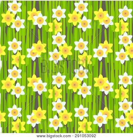 Daffodil Seamless Background. Yellow Spring Flowers, Green Leaves On Black Background, Spring Design