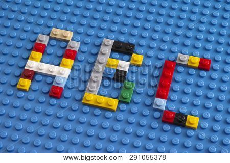 Tambov, Russian Federation - February 20, 2015 Lego Custom Letter A, B, C On Lego Blue Baseplate Bac