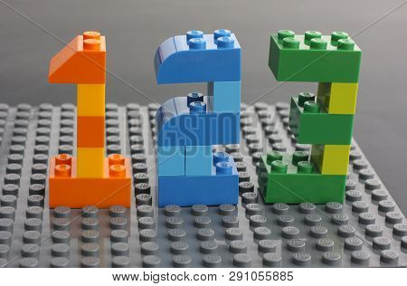 Tambov, Russian Federation - March 27, 2015 Lego Custom Numbers 1, 2, 3 On Lego Gray Baseplate. Stud