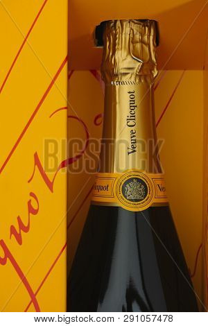 Tambov, Russian Federation - August 16, 2015 Bottle Of Champagne Veuve Clicquot Brut In Box. Studio 