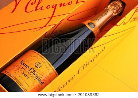 Tambov, Russian Federation - August 16, 2015: Bottle Of Champagne Veuve Clicquot Brut In Gift Box. S