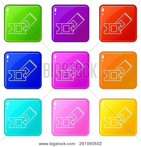 Ice Hockey Ticket Icons Set 9 Color Collection Isolated On White For Any Design