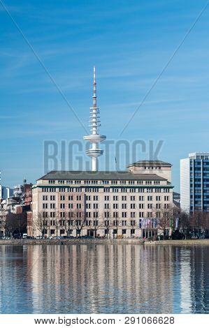 Hamburg, Germany - February 15, 2019: View Of Building With Heinrich Hertz Tower In Background.