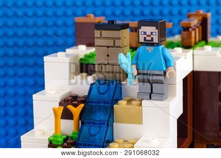 Tambov, Russian Federation - June 25, 2017 Lego Minecraft. Steve Minifigure With Diamond Sword Stand