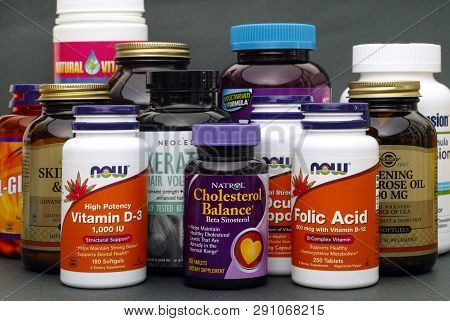 Tambov, Russian Federation - August 22, 2017 Bottles With Vitamins And Dietary Supplement. Studio Sh