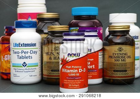 Tambov, Russian Federation - August 22, 2017 Bottle With Vitamin D3 By Now. Some Bottles With Vitami