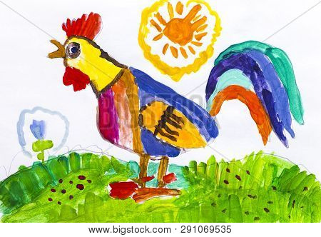 Rooster. Child Watercolour Hand Drawing. Drawing By My Son, 7 Years Old.