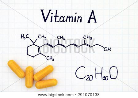 Chemical Formula Of Vitamin A And Yellow Pills. Close-up.