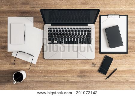Top View Of Table With Laptop