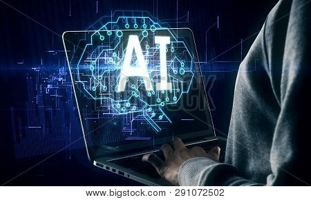 Side View Of Hands Using Laptop With Glowing Circuit Brain Hologram. Ai And Robot Concept. Double Ex