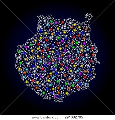 Polygonal Vector Map Of Gran Canaria With Glare Effect On A Black Background. Abstract Triangles, Li