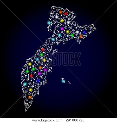Polygonal Vector Map Of Kamchatka Peninsula With Glow Effect On A Black Background. Abstract Triangl
