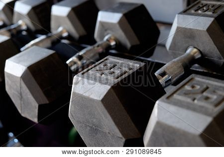 Dumbbell Weight Racked In A Gym In Los Angeles.