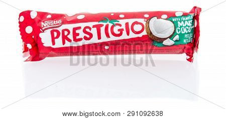 Winneconne, Wi - 15 March 2019: A Package Of  Nestle Prestigio Milk Chocolate Coconut Bar On An Isol