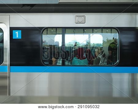 Jakarta, Indonesia - March 23, 2019: Mrt Jakarta Train Running At Lebak Bulus Mrt Station.