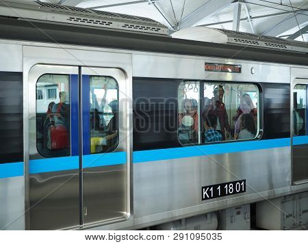Jakarta, Indonesia - March 23, 2019: Mrt Jakarta Train Running At Lebak Bulus Mrt Station.