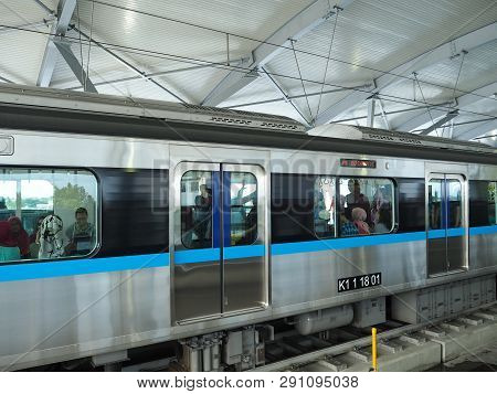 Jakarta, Indonesia - March 23, 2019: Mrt Jakarta Train Running At Lebak Bulus Mrt Station.