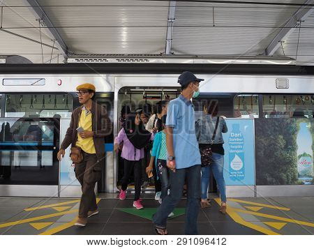 Jakarta, Indonesia - March 23, 2019: Passengers Get Off The Train At Lebak Bulus Mrt Station.