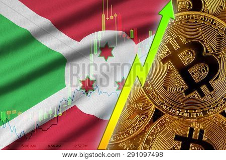 Burundi Flag And Cryptocurrency Growing Trend With Many Golden Bitcoins