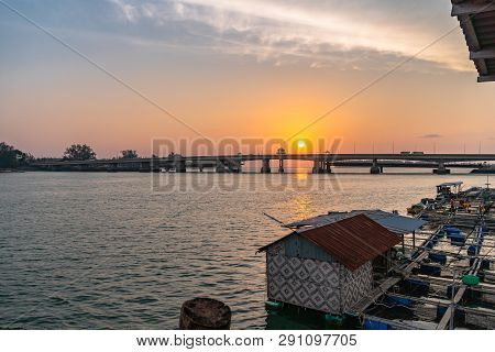 Scenery Sunset At Sarasin Bridge. The Bridge Is The Most Important In Making Businesses 
From The Pr